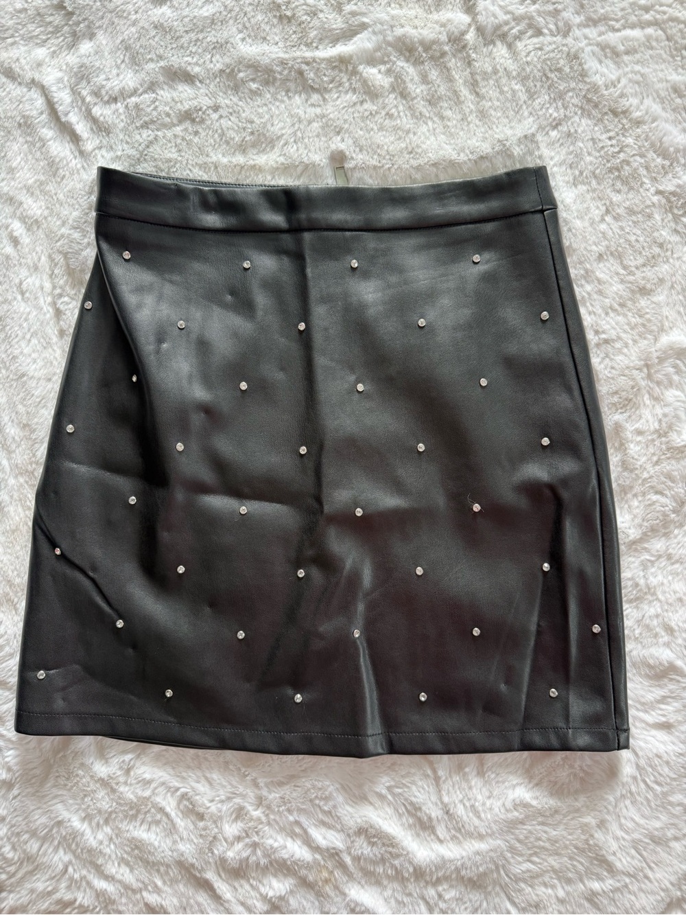 NWOT NAF NAF Black Vegan Leather Mini Skirt with Rhinestone Studs